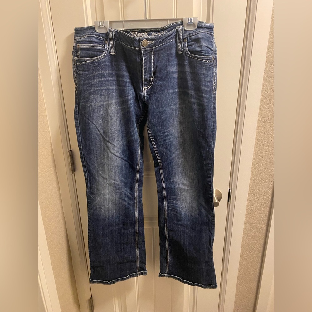 Rock 47 Wrangler Jeans 11 Juniors Ultra Low Rise Stretch Blue Denim Worn Cuff